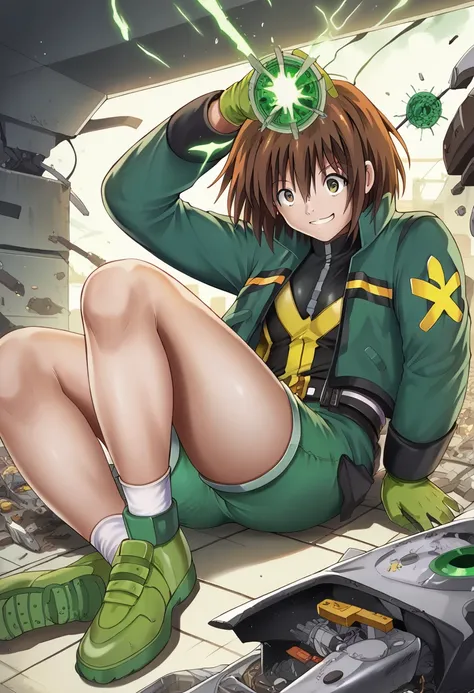 ,One girl,smile, View your viewers,  masterpiece,Highest quality,Konam,green jacket, gloves, green shorts,green footwear,brown hair,(cyclone (for once))