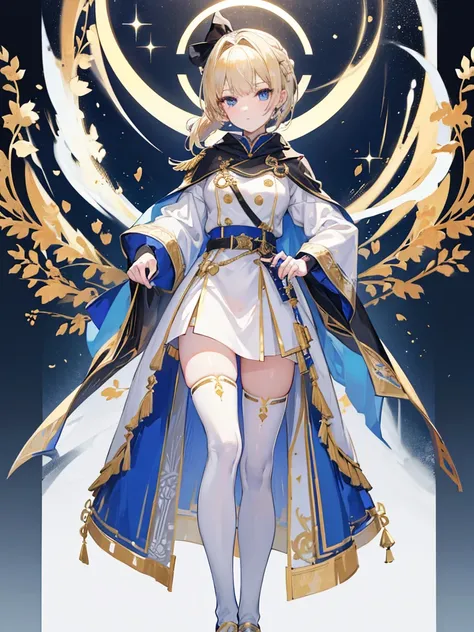 1 tall girl, blonde ponytail short hair with black ribbon hair ornament, bluish eyes, wearing a commander outfit with cloak behind, color of outfit includes white, gold and blue, with belt, white stockings with gold designs, golden white shoes, holding swo...