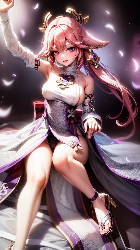 Yae Miko(purple eyes)(Wedding Dress)(beautifuls piernas)(beautiful)(from below)(ultra high quality)