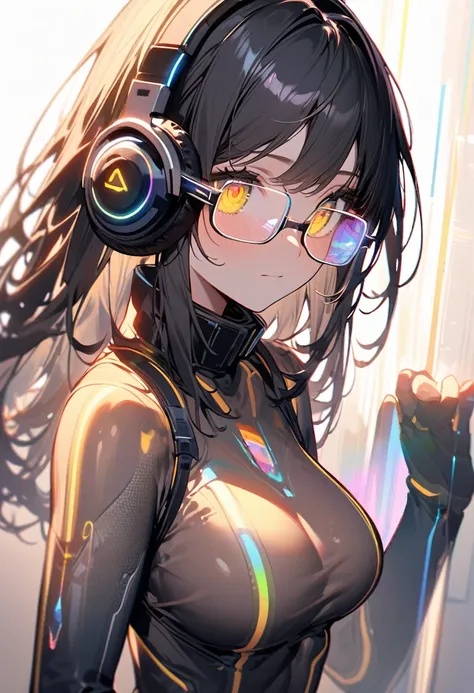 extremely detailed fine touch, 2D, (((yellow underrim glasses:1.3))), (headphones:1.0), 1 girl, {see-though body suit}, {crystal hair}, white line, shine line, neon line, x-ray, hologram, backlighting, {prism light}, jewel eyes, tear drop, 