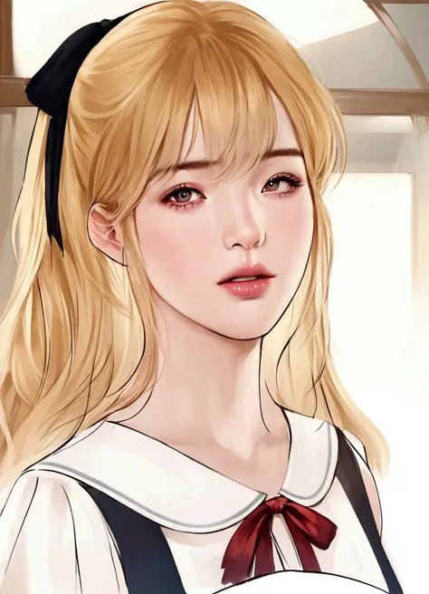 a close up of a woman with blonde hair and a bow, kawaii realistic portrait, in the art style of bowater, blonde girl with long hair, smooth cg art, realistic , visual of a cute girl, realistic young  girl, sakimi chan, semi realistic , painted in  painter...