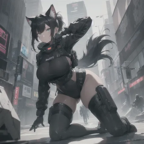 Absurd resolution, high resolution, (masterpiece: 1.4), hyper-detail, fullbody image, solo, 1 kemono feline cat woman, black hair, messy ponytail, cute face, detailed soft grey eyes, extremely large bust, huge hyper super breasts, wide full hips, narrower ...