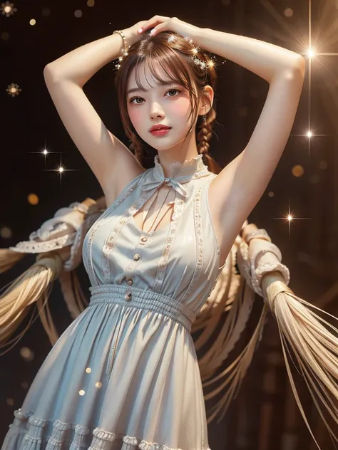 Highest quality, masterpiece, Upper Body,
(Adult:1.6) １People Women, (Grin:0.4), Put your arms behind your head,
Braided silver hair,
Sparkling eyes,
victorian sundress,
 Floating light particles, Centered, 