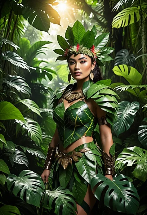 (floral warrior elegance:1.2), (best quality:1.1), leafy environment, cinematic capture, 4k UHD resolution, (Amazonian Leaf Royalty:1.3), standing tall amidst foliage, leaf-patterned attire with intricate floral embellishments, (delicate leaf and floral ac...