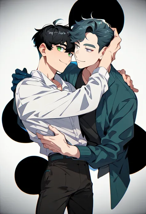 2 young men, focus man , Yaoi, pair, portable princess, bear, shirt, trousers, look elsewhere, smile, short hair, black hair, green eyes, black circle hair, gray eyes , The best aesthetics , best quality, Amazing quality, The best aesthetics, nonsense