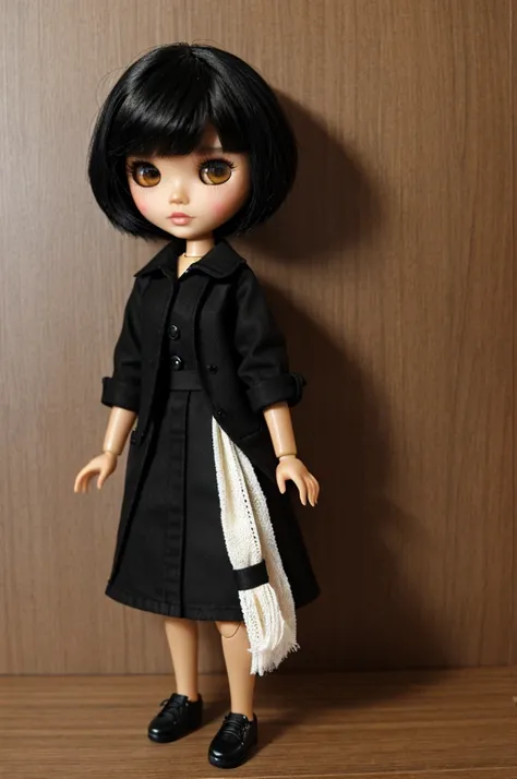 Single Blythdoll with full black eyes and black eyebrows, black medium cut hair, fair skin color, black clothes 