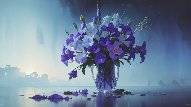 32k, Masterpiece, Highest quality, One girl, Detailed eyes, flower,gladiolus, Light blue and purple style,A dreamy, romantic piece,Pale yellow, Mysterious Leaves,A playful arrangement,Fantasy,High Contrast,Ink strokes,explosion,Exposure, Impression of ligh...