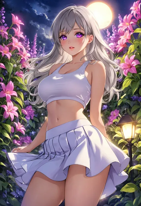 Realistic, One girl, Gray Hair, Purple eyes, Glowing Eyes, Crop top, skirt, Part your lips, blush, night, Flowers, sun, sunlight,