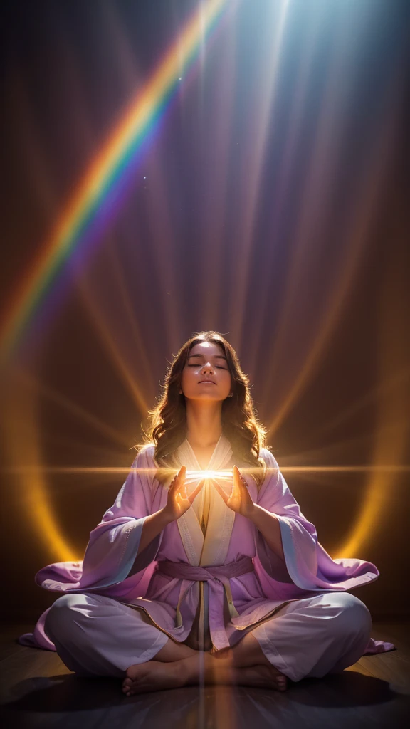 A mystical scene of a person bathed in divine light. A figure with long, wavy hair sits cross-legged in meditation, wearing a flowing purple robe. Their back is to the viewer. Above them, a brilliant, radiant light source emanates beams of golden and rainb...