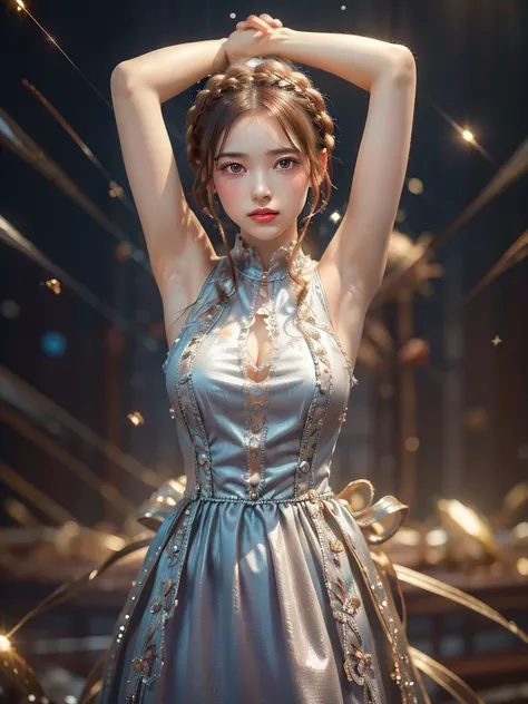 Highest quality, masterpiece, Upper Body,
(Adult:1.6) １People Women, (Grin:0.4), Put your arms behind your head,
Braided silver hair,
Sparkling eyes,
victorian sundress,
 Floating light particles, Centered, 