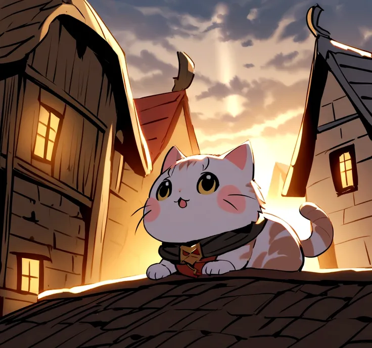 A munchkin cat dressed as a knight、Cast a powerful spell on the rooftop of a small medieval village house