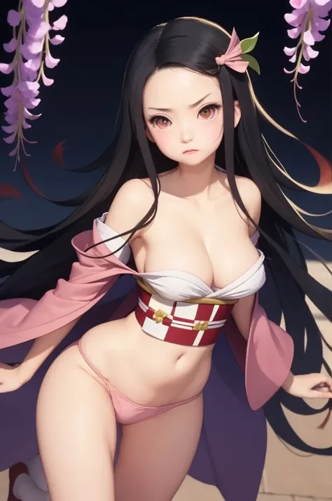 (masterpiece, best quality:1.2), 1girl, solo,standing_split, masterpiece, (pink kimono) , breasts out, angry face, good lighting, low-cut, fine details, masterpiece, glowing eyes, , angry  1girl, black hair, gag, bamboo, Nezuko Kamado, wisteria background,...