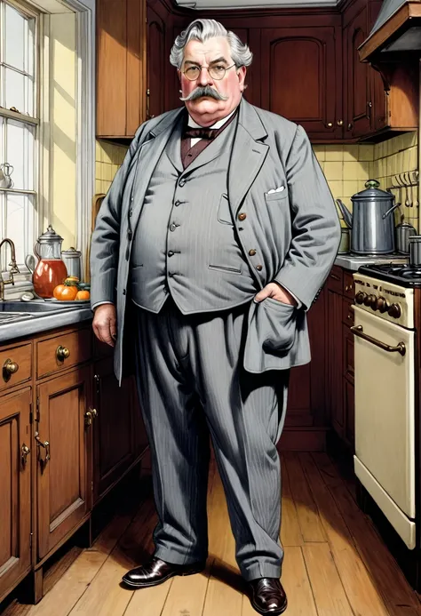 Full body shot in front view, elderly handsome obese Victorian gentleman with grey hair and moustache  standing in an kitchen coloured drawing in the style of 1871 Punch magazine illustrations. In the style of Charles Dana Gibson