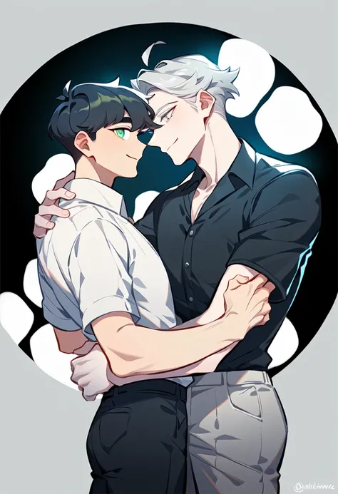 2 young men, focus man , Yaoi, pair, portable princess, bear, shirt, trousers, look elsewhere, smile, short hair, black hair, green eyes, black circle hair, gray eyes , The best aesthetics , best quality, Amazing quality, The best aesthetics, nonsense,brig...