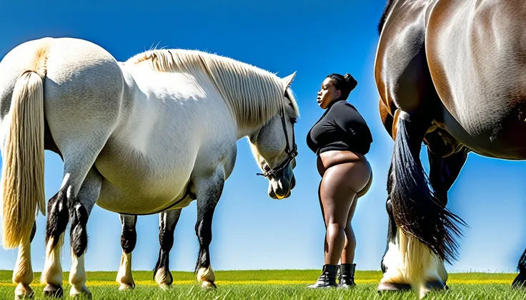 a BBW very full figured very black skinned nude African woman standing by the rear of two big Belgian draft horse mares (side view). big bum. very short tail. horse facing horizon . flat grass meadow. steaming horse dung behind horse. cloudless blue sky., ...