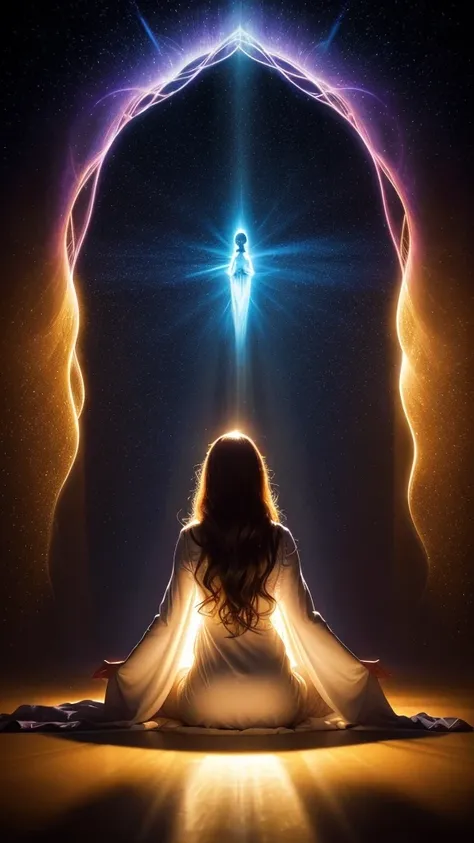 A mystical scene of a person bathed in divine light. A figure with long, wavy hair sits cross-legged in meditation, wearing a flowing purple robe. Their back is to the viewer. Above them, a brilliant, radiant light source emanates beams of golden and rainb...