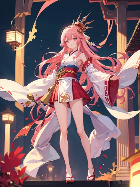 1 tall girl, long pink hair with golden crown-like ornament, purple eyes, wearing a kimono with colors white and red, the sleeves are not attached to the main outfit exposing the armpit, holding a red stick with chime at the end, red tall japanese slippers...