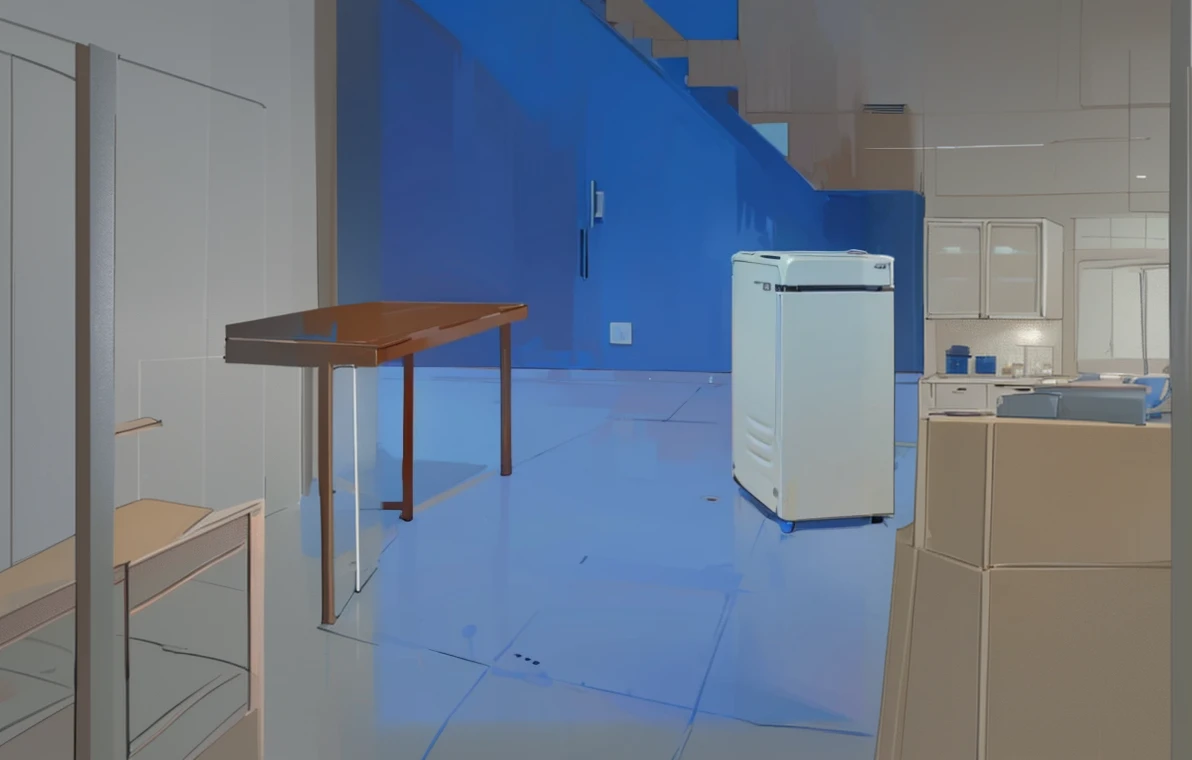 womans room, table, refrigerator, filtro de aire, slab floor