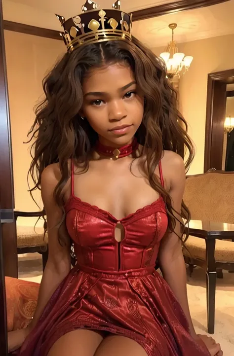 black queen with daughter, queen like Zendaya, (zendaya adulte with daughter), curly hair, African queen with long curly hair, daughter has blond curly hair, cute hairstyle, sheer luxury dress, queen crowned, princess crowned, risqué, sensual
