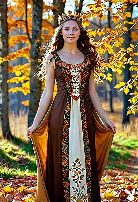 A radiant and charming (((norse goddess))) standing gracefully in the middle of a vibrant autumn landscape. Her loose brown locks cascade over her shoulders.., adorned with a crown of golden leaves that reflect the colorful foliage that surrounds it. The g...