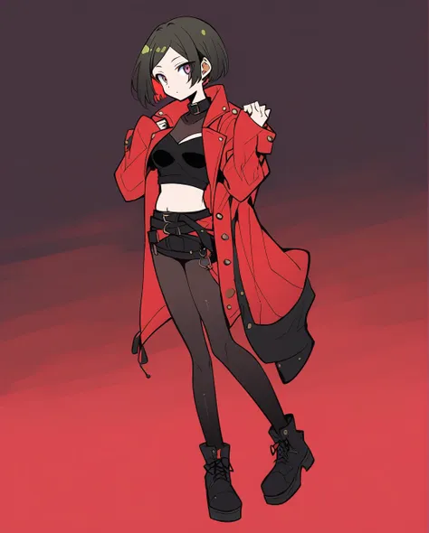 amano yoshitaka, a full-body, high-resolution anime style of a woman with black pixie cut hair, dressed in black tights, black b...