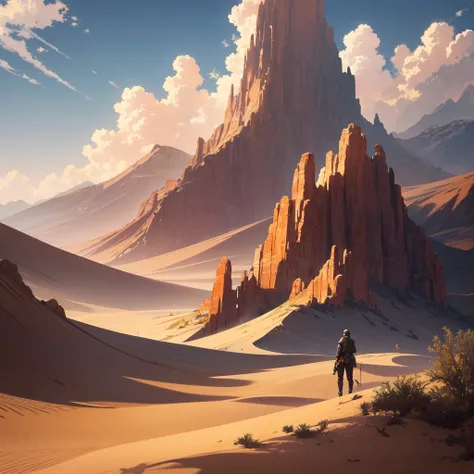 Yellow sand in the sky，The background is a vast desert, Desert Oasis，Rich Color，Digital Landscape Painting, Detailed Landscape - Width 672, Landscape art, Environmental design illustration, Landscape painting (details), Desert Oasisの風景, Concept Art, Highly...