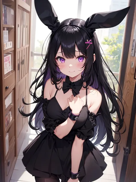 mai sakurajima, long hair, bangs, (black hair:1.5), hair ornament, (purple eyes:1.1), hairclip, rabbit hair ornament, pantyhose, black leotard, clevage, medium breasts, cuffs, smiling, bare shoulders, bow tie, library, bunny ears, fake bunny ears, black bu...