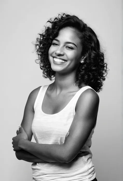 A black and white photograph of a young woman posing in profile. She has a tank top with her head tilted back and dark wavy hair falling freely. Her expression is joyful with a wide smile. The background is completely white, highlighting her figure with so...