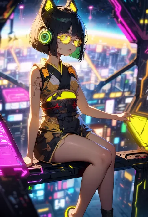 (blurry background:1.3), (extremely detailed fine touch:1.3), (super very black short hair:1.3), (((yellow underrim glasses:1.3))), headphones,(asian cyberpunk:1.3), (neon:1.3), (innovative design:1.3),(nice view:1.3), (deep space:1.3), kimono, bare legs, ...