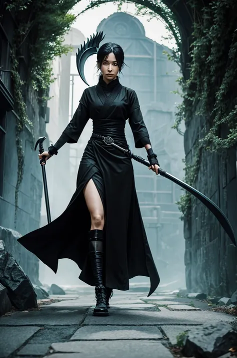 Create a female black specter with a double-edged scythe asla elegant jujutsu kaisen style 