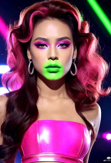 (Afro-American,elegant,bold,confident,Beau,long hair,curves:1.1,Detailed eyes,Full lips:1.1),glamour,high fashion,elegant,striking poses,fierce attitude,(bright colors,hot pink:1.1,neon lights:1.1),dramatic shadows,avant-garde makeup,presence on stage,(pro...