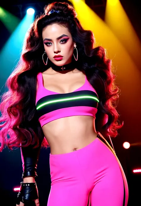 (Afro-American,elegant,bold,confident,Beau,long hair,curves:1.1,Detailed eyes,Full lips:1.1),glamour,high fashion,elegant,striking poses,fierce attitude,(bright colors,hot pink:1.1,neon lights:1.1),dramatic shadows,avant-garde makeup,presence on stage,(pro...