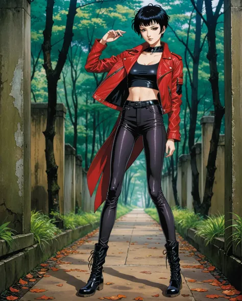 amano yoshitaka, a full-body, high-resolution anime style of a woman with black pixie cut hair, dressed in black tights, black b...