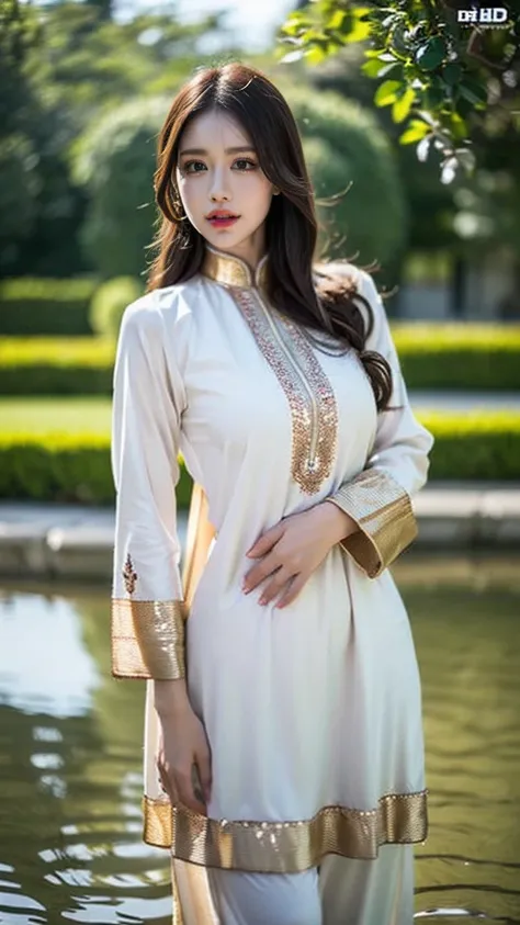 (((hd photo))), ultra high res.photorealistic:. 1.4, uhd a woman in a beautiful garden, wearing a traditional shalwar kameez dre...