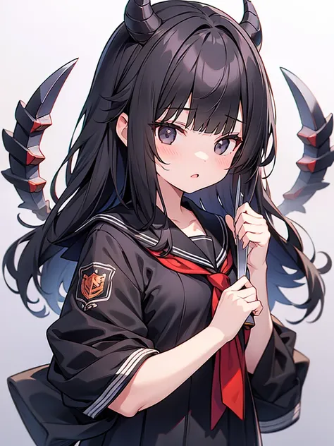 1girl, Black Hair, Blunt Bangs, medium hair, straight hair, knives-like horns, cowboy shot, black eyes, High school girls, Sailor suit, カップ麺