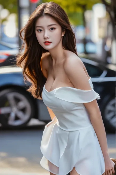 a 20 year old face of the most beautiful actress in the world, the perfect body proportions of a woman, formal blouse covering whole upper body is tight thanks to large breasts, between bare legs, naked lower body, pubic hair, standing, at the city street,...