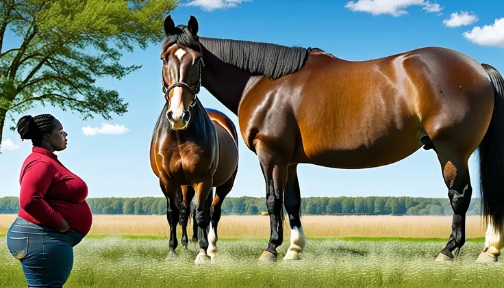 a bbw very full figured very black skinned nude african woman standing by the rear of two big belgian draft horse mares (side vi...