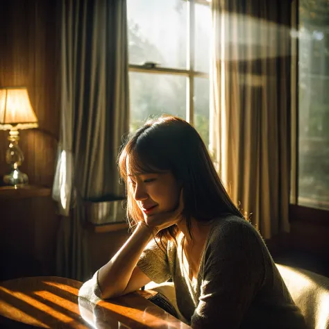 "A lonely woman sitting in the corner of a cozy café, surrounded by people yet isolated. She appears deep in thought, her expression reflecting sadness and solitude. The scene is softly lit, with warm, ambient light casting gentle shadows. The background s...