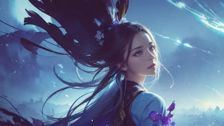 32k, Masterpiece, Highest quality, One girl, Detailed eyes, flower,gladiolus, Light blue and purple style,A dreamy, romantic piece,Pale yellow, Mysterious Leaves,A playful arrangement,Fantasy,High Contrast,Ink strokes,explosion,Exposure, Impression of ligh...