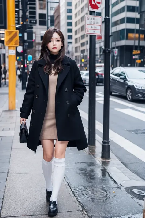 coat、A beautiful woman wearing knee-high socks