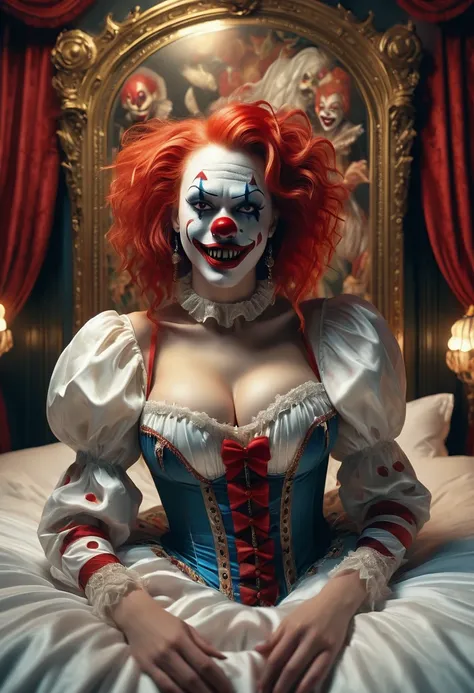 (masterpiece, 8K, UHD, RAW), a sexy girl kissing a evil clown in bed, (((a beautiful young woman riding on top of one huge horrificclown with a red nose))), (she rides the male Clown with lustful femininity), her beautiful body is covered by a sheer transl...