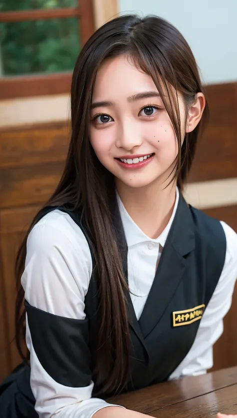 (((upper body shot))),Ultra-high resolution,big eyes,((brown eyes)),Japanese,(forehead),(a girl),(1 girl),((17 years old)),(cute),pretty,((facing at viewer)),arms behind back,grin,(((black uniform)))