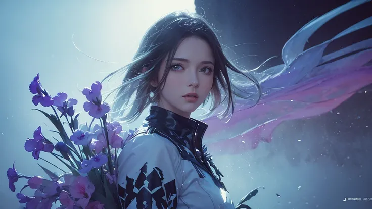 32k, Masterpiece, Highest quality, One girl, Detailed eyes, flower,gladiolus, Light blue and purple style,A dreamy, romantic piece,Pale yellow, Mysterious Leaves,A playful arrangement,Fantasy,High Contrast,Ink strokes,explosion,Exposure, Impression of ligh...