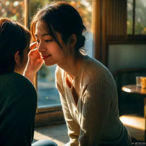 "A lonely woman sitting in the corner of a cozy café, surrounded by people yet isolated. She appears deep in thought, her expression reflecting sadness and solitude. The scene is softly lit, with warm, ambient light casting gentle shadows. The background s...