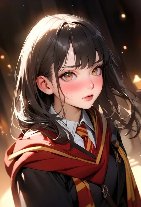 ,, (shiny skin:1.05),(blush:0.9), realist, Masterpiece, of the highest quality, high resolution, (Perfect face:1.1), uniforme Gryffindor, light brown eyes, long black hair