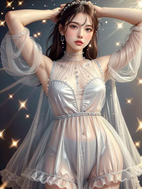 Highest quality, masterpiece, Upper Body,
(Adult:1.6) １People Women, (Grin:0.4), Put your arms behind your head,
Braided silver hair,
Sparkling eyes,
victorian sundress 1.5,
(( Floating light particles)), Centered, (((See-through 1.5)))