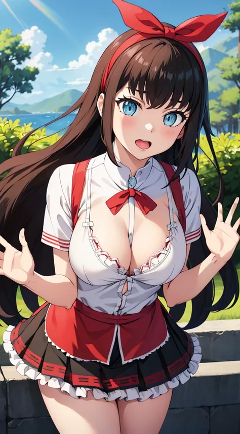 Without skirt、White underwear、In underwear、Panties in full view、White panties、Blue Stripes々Large bra 1, 1girl, asahina mikuru, long hair, kita high , solo,  short sleeves, red ribbon, large breasts, cowboy shot, waving, outdoors, leaning forward,Underwear ...