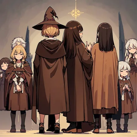 ((((Full body character concept、10 people))))、Highest quality, Best Quality,Best illustrations、middle ages、(((Simple brown robe、Witch Robe)))、(40-year-old uncle、Kaiser moustache)、(Close your eyes、Close your eyes、smile)、dance、(From the back、Back view)