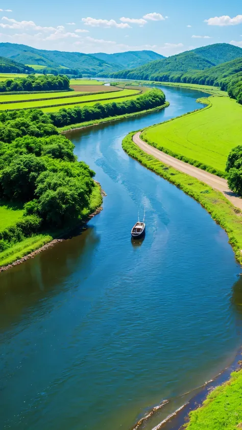 river、countryside、blue sky、Style