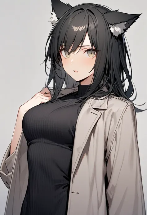 Black hair girl，Wolf ears，Tall figure，one person，Gray coat，Natural expression，Half Body